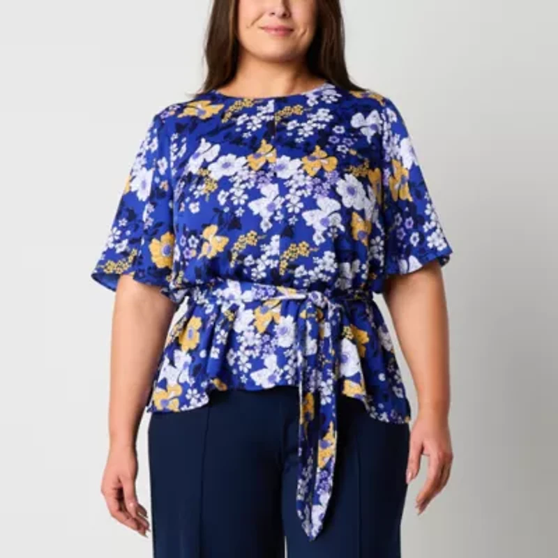 Liz Claiborne Womens Round Neck Elbow Sleeve Satin Plus Blouse