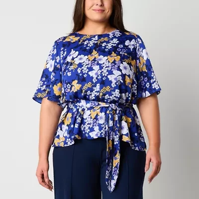 Liz Claiborne Womens Round Neck Elbow Sleeve Satin Plus Blouse