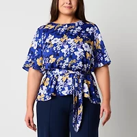 Liz Claiborne Womens Round Neck Elbow Sleeve Satin Plus Blouse