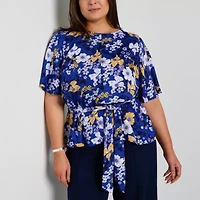 Liz Claiborne Womens Round Neck Elbow Sleeve Satin Plus Blouse