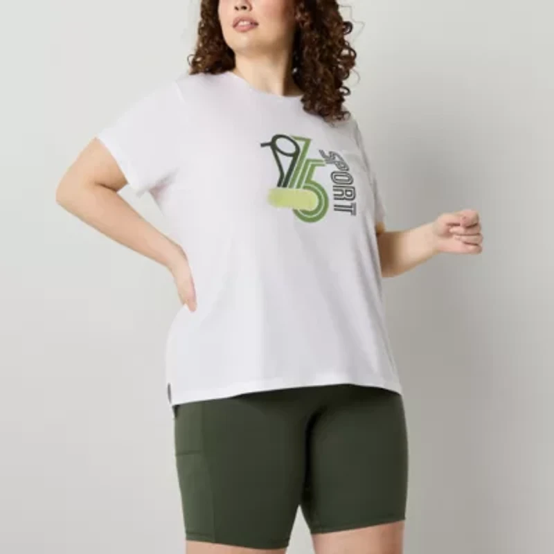 Xersion Womens Crew Neck Short Sleeve Graphic T-Shirt Plus