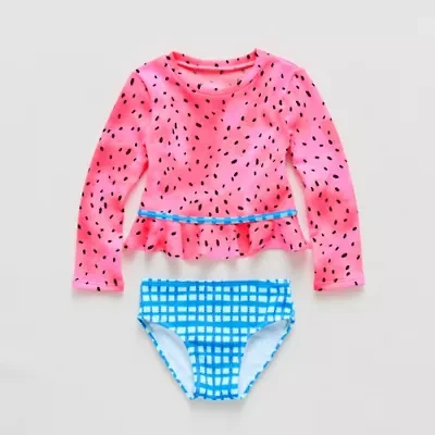 Okie Dokie Textured Toddler Girls Gingham 2-pc. Rash Guard Set