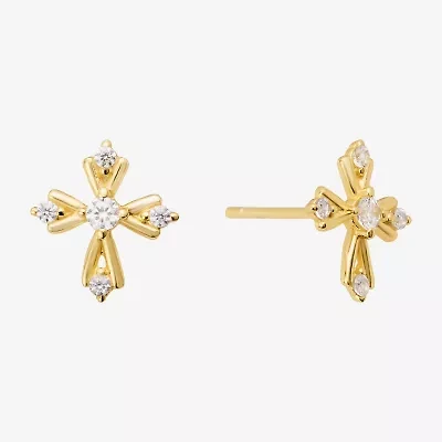 Silver Treasures Cubic Zirconia 14K Gold Over Silver 9.6mm Cross Stud Earrings
