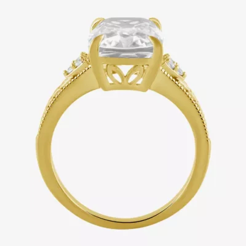 Womens Lab Created White Sapphire 14K Gold Over Silver Cushion Side Stone Cocktail Ring