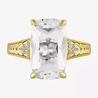 Womens Lab Created White Sapphire 14K Gold Over Silver Cushion Side Stone Cocktail Ring