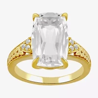 Womens Lab Created White Sapphire 14K Gold Over Silver Cushion Side Stone Cocktail Ring