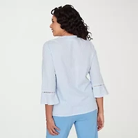 Alfred Dunner St Augustine Womens Split Crew Neck 3/4 Sleeve Embroidered Blouse