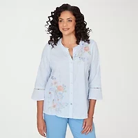 Alfred Dunner St Augustine Womens Split Crew Neck 3/4 Sleeve Embroidered Blouse