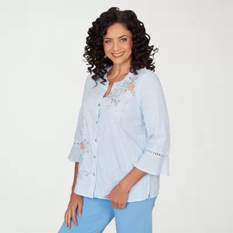 Alfred Dunner St Augustine Womens Split Crew Neck 3/4 Sleeve Embroidered Blouse