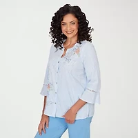 Alfred Dunner St Augustine Womens Split Crew Neck 3/4 Sleeve Embroidered Blouse