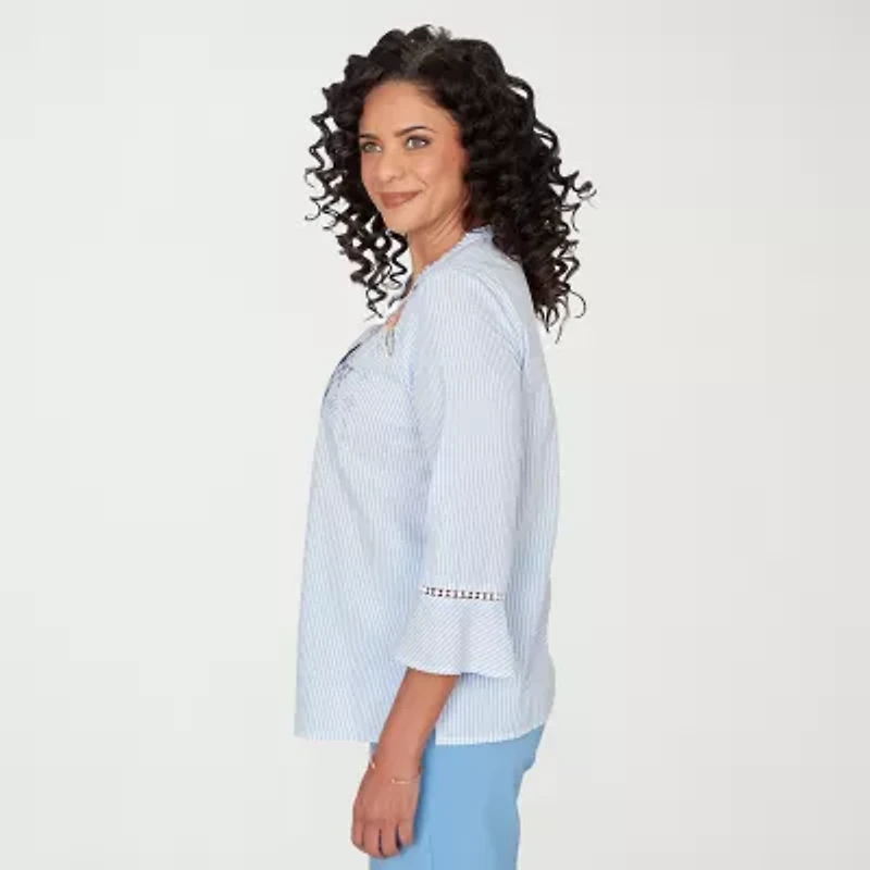 Alfred Dunner St Augustine Womens Split Crew Neck 3/4 Sleeve Embroidered Blouse