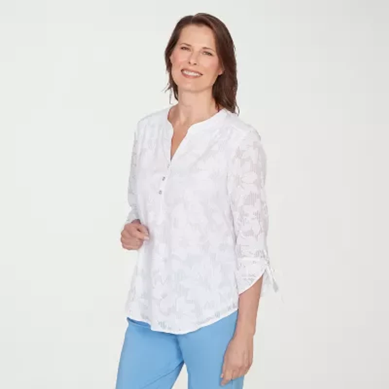Alfred Dunner St Augustine Womens Y Neck 3/4 Sleeve Blouse