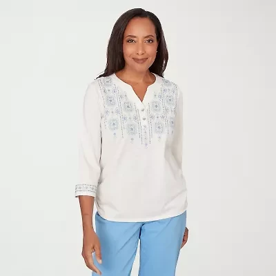 Alfred Dunner St Augustine Womens Split Crew Neck 3/4 Sleeve T-Shirt