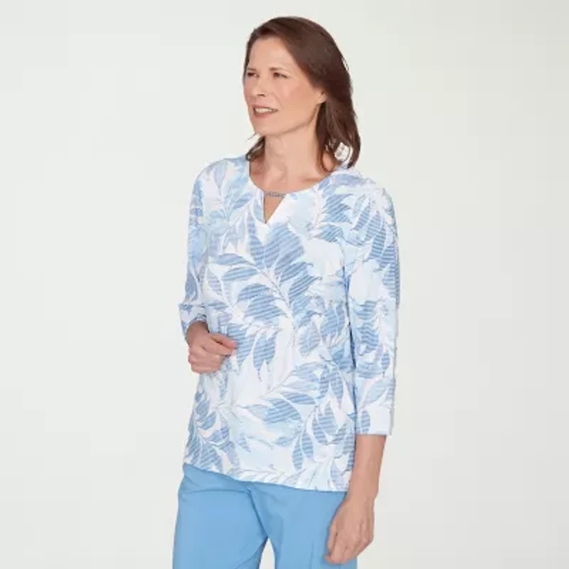 Alfred Dunner St Augustine Womens Keyhole Neck 3/4 Sleeve T-Shirt