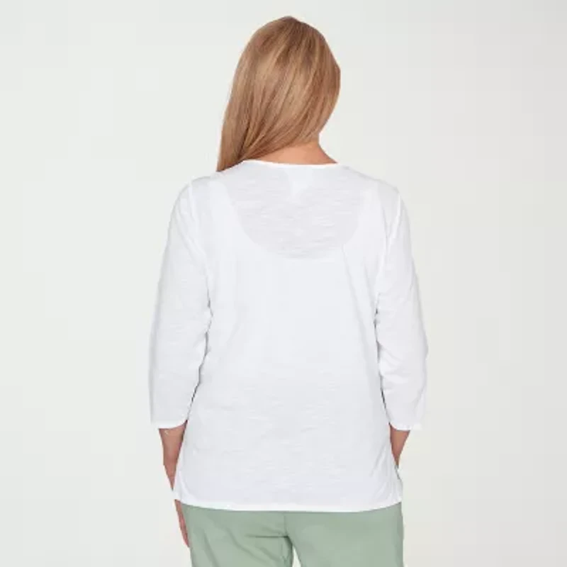 Alfred Dunner St Augustine Womens Split Crew Neck 3/4 Sleeve T-Shirt