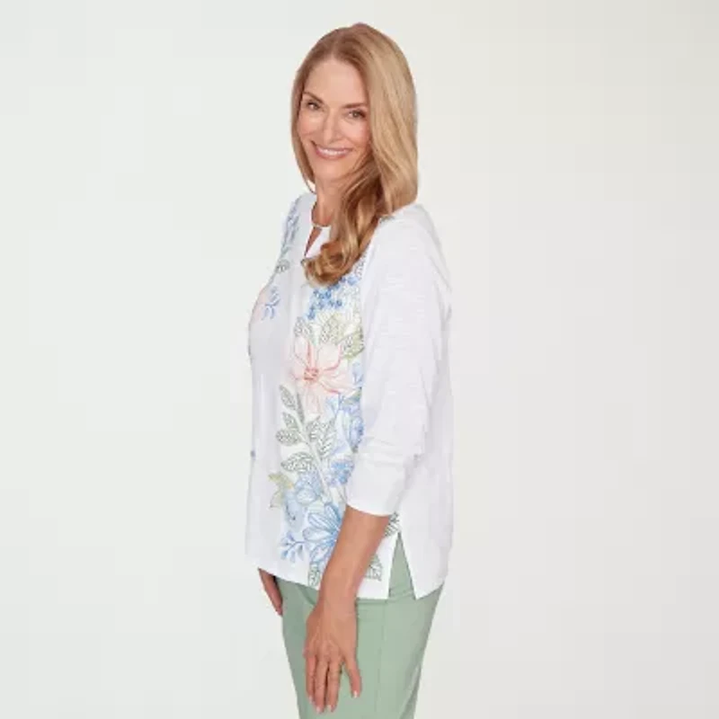 Alfred Dunner St Augustine Womens Split Crew Neck 3/4 Sleeve T-Shirt