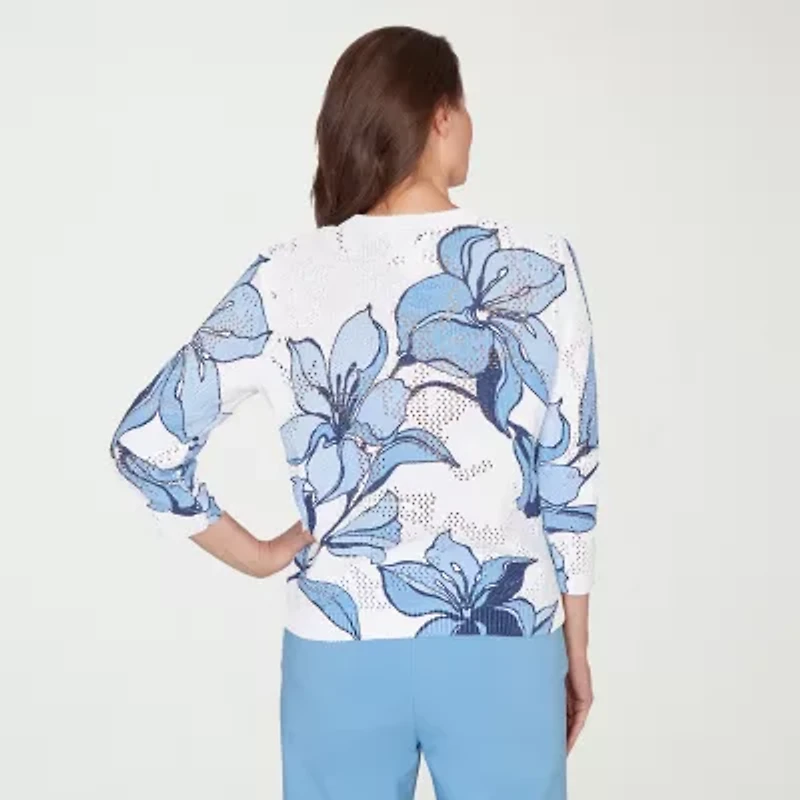 Alfred Dunner St Augustine Womens Crew Neck 3/4 Sleeve Floral Pullover Sweater