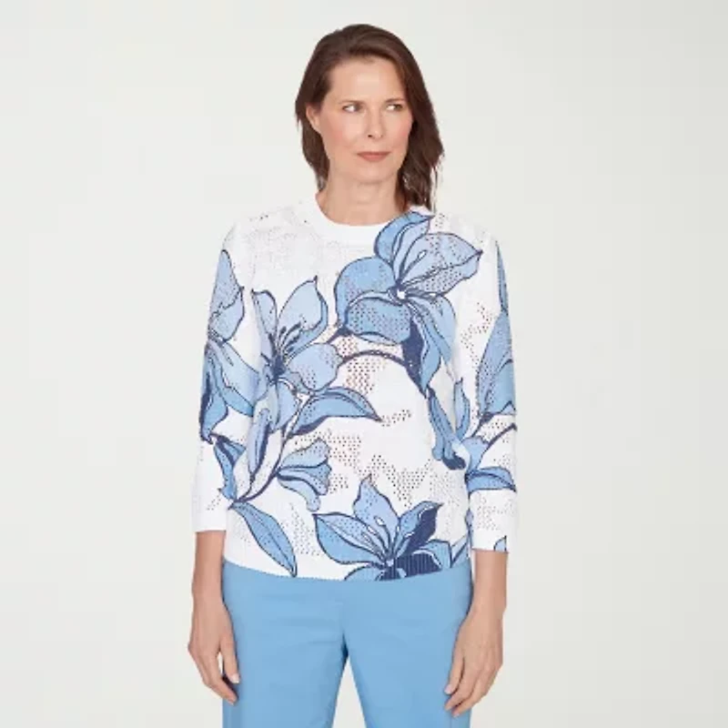 Alfred Dunner St Augustine Womens Crew Neck 3/4 Sleeve Floral Pullover Sweater
