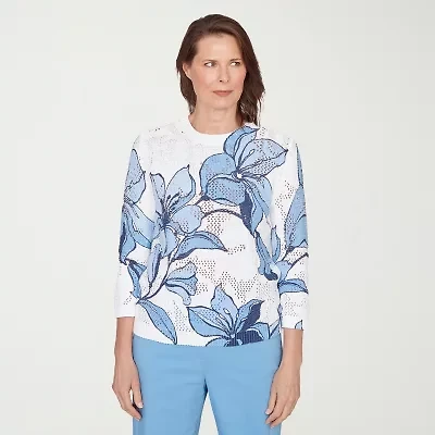 Alfred Dunner St Augustine Womens Crew Neck 3/4 Sleeve Floral Pullover Sweater