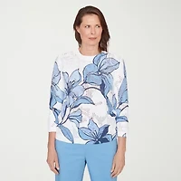 Alfred Dunner St Augustine Womens Crew Neck 3/4 Sleeve Floral Pullover Sweater