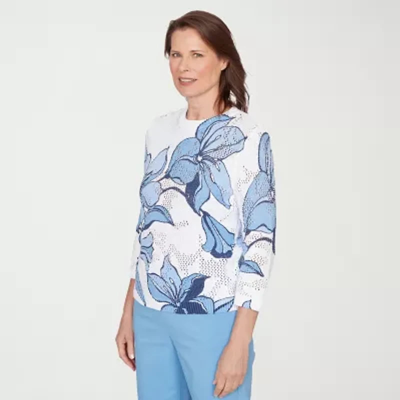 Alfred Dunner St Augustine Womens Crew Neck 3/4 Sleeve Floral Pullover Sweater
