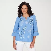 Alfred Dunner Mykonos Womens Split Crew Neck 3/4 Sleeve Embroidered Blouse