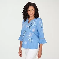 Alfred Dunner Mykonos Womens Split Crew Neck 3/4 Sleeve Embroidered Blouse