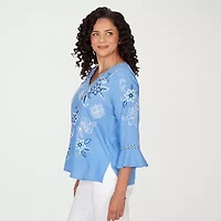 Alfred Dunner Mykonos Womens Split Crew Neck 3/4 Sleeve Embroidered Blouse