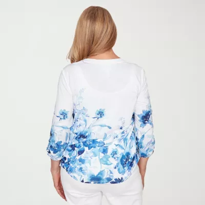 Alfred Dunner Mykonos Womens Y Neck 3/4 Sleeve T-Shirt