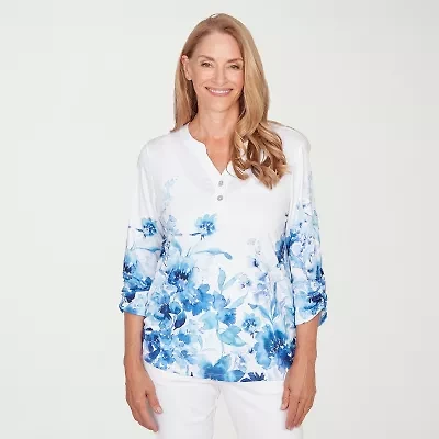 Alfred Dunner Mykonos Womens Y Neck 3/4 Sleeve T-Shirt