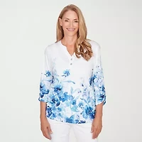 Alfred Dunner Mykonos Womens Y Neck 3/4 Sleeve T-Shirt