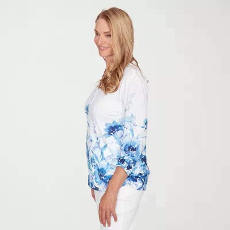 Alfred Dunner Mykonos Womens Y Neck 3/4 Sleeve T-Shirt