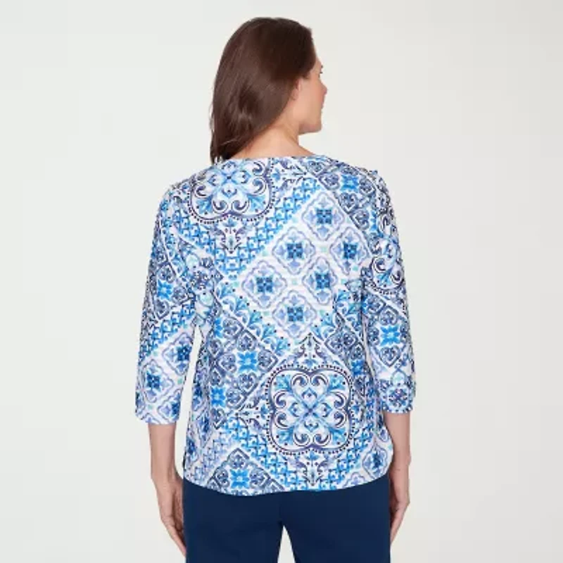 Alfred Dunner Mykonos Womens V Neck 3/4 Sleeve T-Shirt