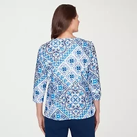 Alfred Dunner Mykonos Womens V Neck 3/4 Sleeve T-Shirt