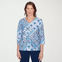 Alfred Dunner Mykonos Womens V Neck 3/4 Sleeve T-Shirt
