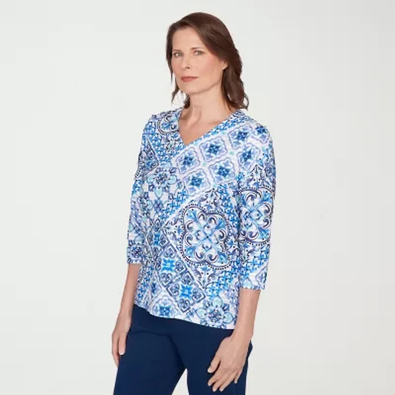 Alfred Dunner Mykonos Womens V Neck 3/4 Sleeve T-Shirt