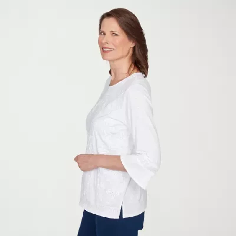 Alfred Dunner Mykonos Womens Crew Neck 3/4 Sleeve T-Shirt