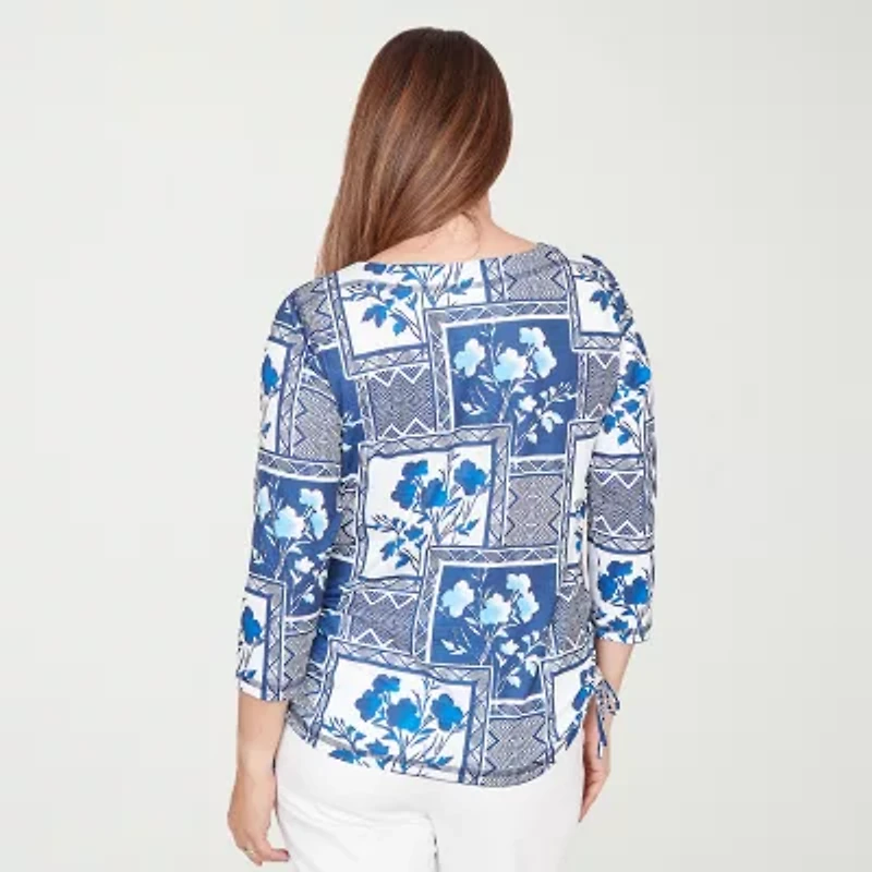 Alfred Dunner Mykonos Womens Crew Neck 3/4 Sleeve T-Shirt