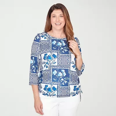 Alfred Dunner Mykonos Womens Crew Neck 3/4 Sleeve T-Shirt