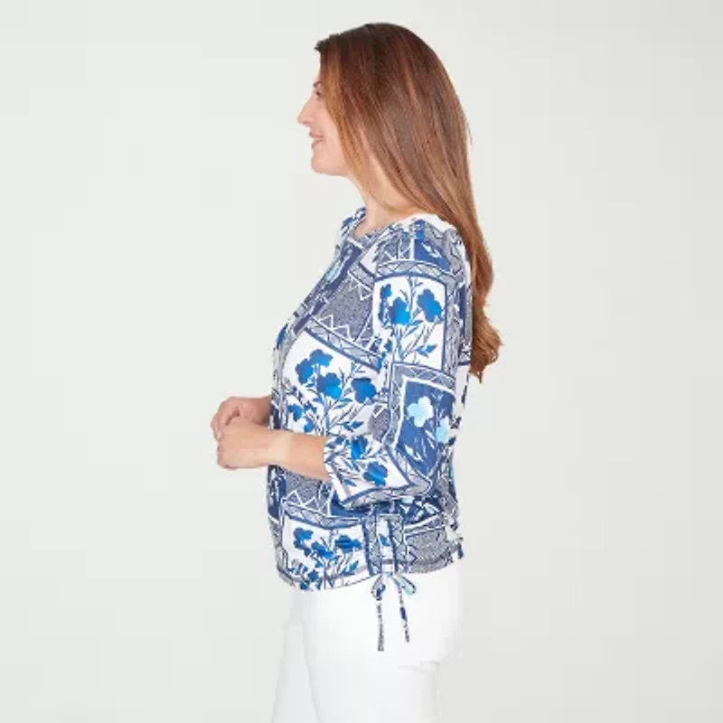 Alfred Dunner Mykonos Womens Crew Neck 3/4 Sleeve T-Shirt