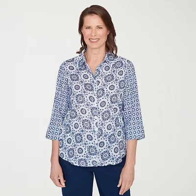Alfred Dunner Mykonos Womens Cuffed 3/4 Sleeve Button-Down Shirt