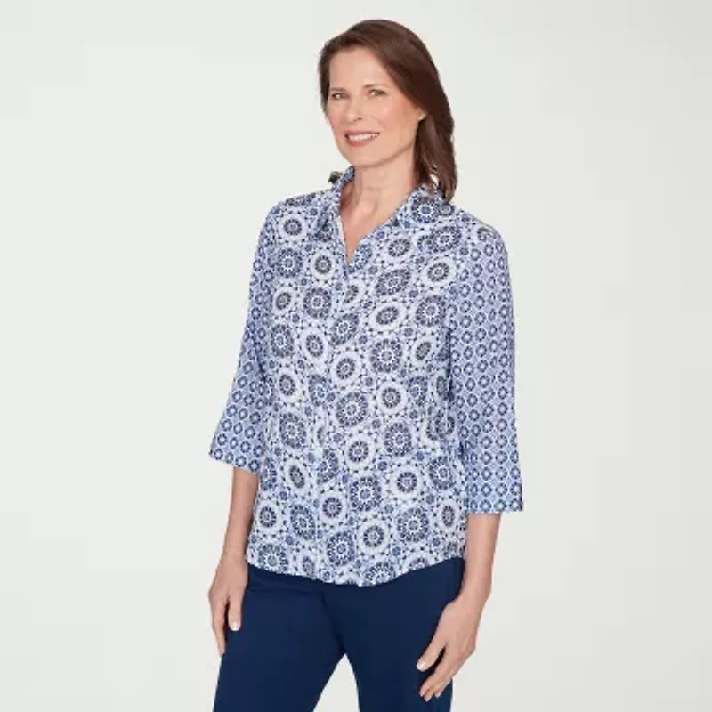Alfred Dunner Mykonos Womens Cuffed 3/4 Sleeve Button-Down Shirt