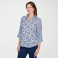 Alfred Dunner Mykonos Womens Cuffed 3/4 Sleeve Button-Down Shirt