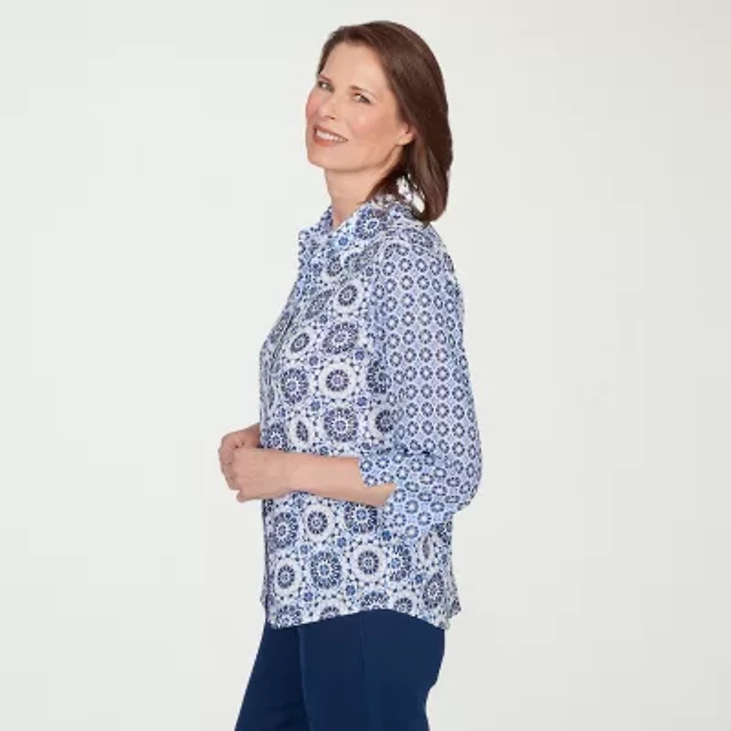 Alfred Dunner Mykonos Womens Cuffed 3/4 Sleeve Button-Down Shirt