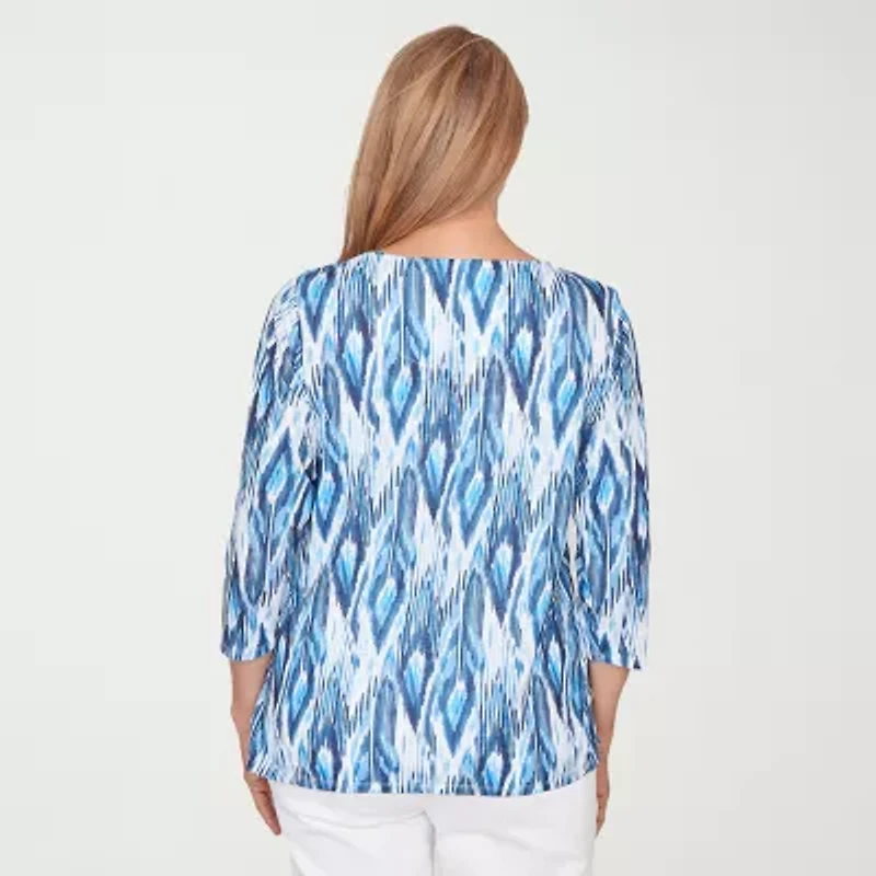 Alfred Dunner Mykonos Womens Round Neck 3/4 Sleeve T-Shirt