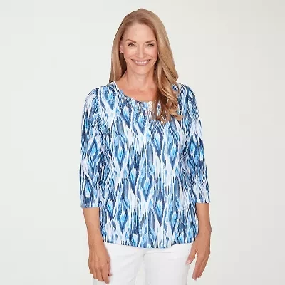 Alfred Dunner Mykonos Womens Round Neck 3/4 Sleeve T-Shirt