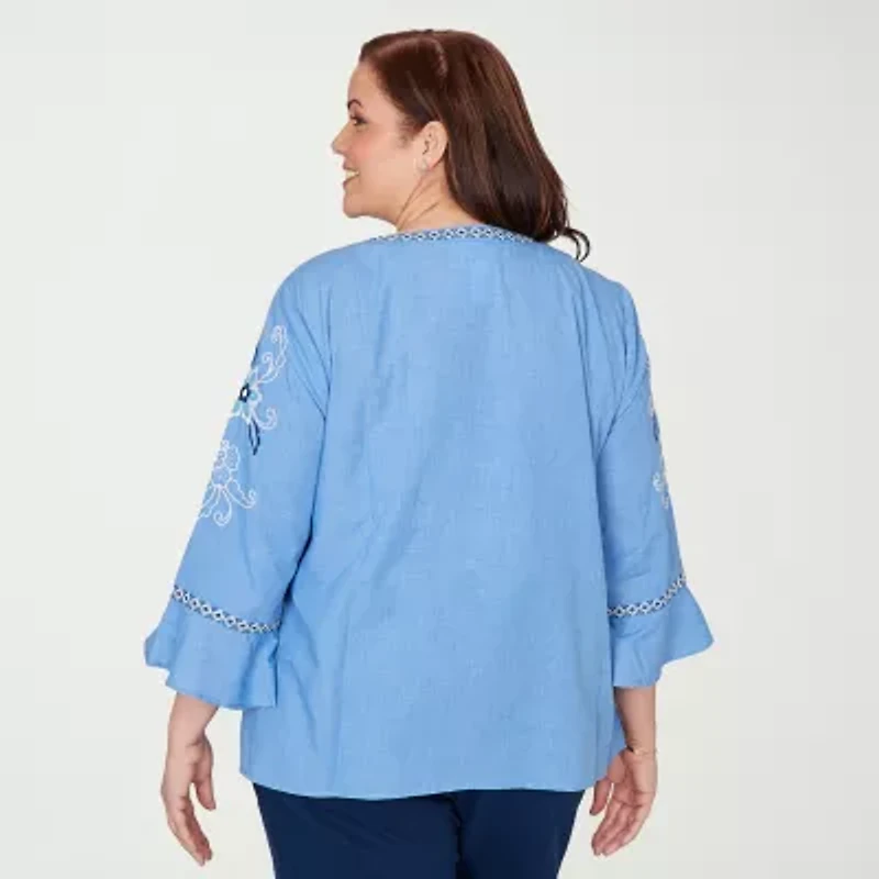 Alfred Dunner Mykonos Womens Plus Split Crew Neck 3/4 Sleeve Embroidered Blouse