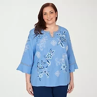 Alfred Dunner Mykonos Womens Plus Split Crew Neck 3/4 Sleeve Embroidered Blouse
