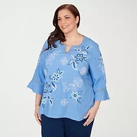 Alfred Dunner Mykonos Womens Plus Split Crew Neck 3/4 Sleeve Embroidered Blouse
