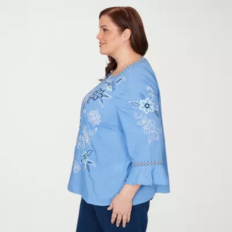 Alfred Dunner Mykonos Womens Plus Split Crew Neck 3/4 Sleeve Embroidered Blouse